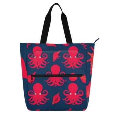 Imagem de GAIGEO Bolsa de trabalho feminina com conchas de polvo vermelho, azul marinho, bolsas de tecido de lona, faculdade, escola, crianças, bolsas fofas com compartimentos
