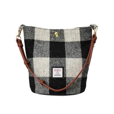 Imagem de TAILORMAP Harris Tweed Bolsa de ombro feminina com alça de couro 24 x 18 cm x 21 cm, Grade preta e branca
