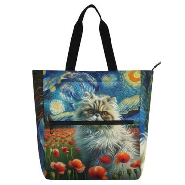 Imagem de Adorável gato noite estrelada floral bolsas de trabalho para mulheres tote lona praia livro tote com zíper utilitário bolsas de escritório amantes de livros presentes