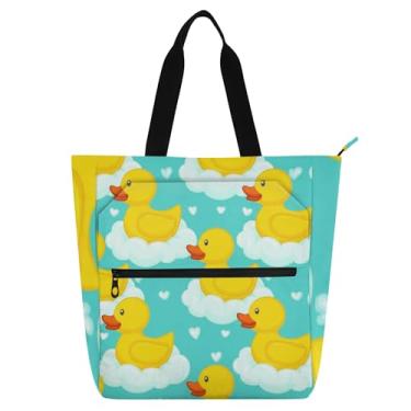 Imagem de GAIGEO Linda sacola de trabalho azul claro de patos amarelos para mulheres, bolsa escolar de lona com zíper, presente de escritório para amantes de livros