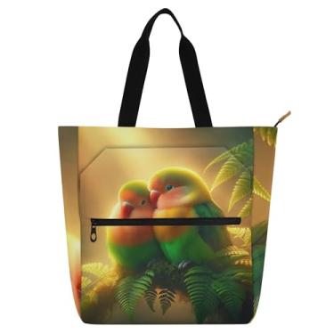Imagem de GAIGEO Bolsa de lona tropical Love Birds com estampa de papagaio para mulheres e crianças com zíper, escola, trabalho, viagem, bolsa de lona