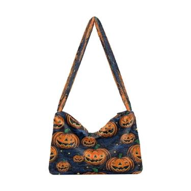 Imagem de Sacola de pelúcia com estampa de folhas de outono, bolsas femininas, bolsas de outono, Abóbora com Halloween-1, One Size