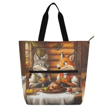 Imagem de GAIGEO Bolsa feminina rústica para jantar e trabalho com raposa lobo, bolsa escolar de lona, para livros, presente para amantes de livros