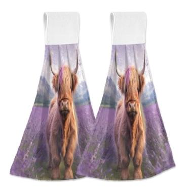 Imagem de Joitme Toalhas de mão penduradas de vaca Highland fofas com laço, 2 unidades absorventes toalhas de gravata de forno para cozinha, banheiro, panos de secagem de pratos decorativos