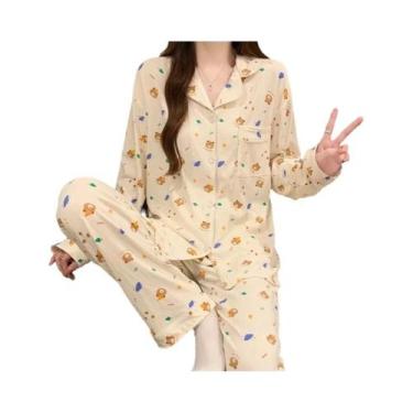 Imagem de Conjunto De Pijamas Femininos Com Laço Rosa, Camisa De Manga Longa E C