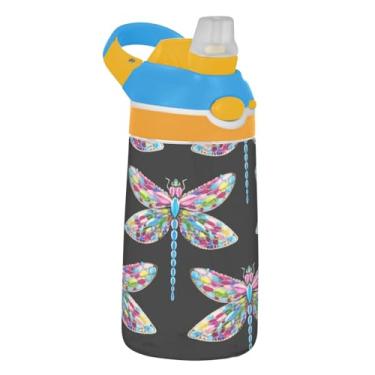 Imagem de Garrafa de água infantil colorida libélula preta 473 ml garrafa de água de plástico reutilizável com tampa de canudo 473 ml Tritan copo infantil à prova de vazamento portátil, alça de transporte