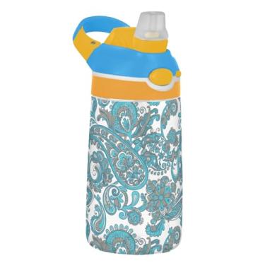 Imagem de Elegante garrafa de água infantil azul verde Paisley Motifs para escola, 473 ml, 473 ml, garrafa de água esportiva Tritan com canudo, copo infantil portátil à prova de vazamento, alça de transporte
