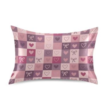 Imagem de Wassud Fronha de cetim xadrez com laço de coração para cabelo e pele fronhas de seda lisa tamanho padrão capas de travesseiro respiráveis com fecho de envelope