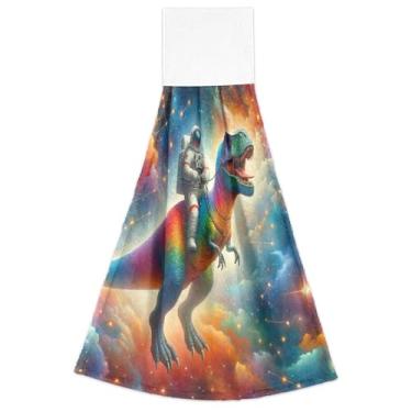 Imagem de Joisal Toalhas de mão Astronaut t Rex Rainbow Nebula Fall com laço para pendurar conjunto de toalhas de chá de forno de 2 decorações de cozinha fofas e absorventes macias, 46 x 35 cm