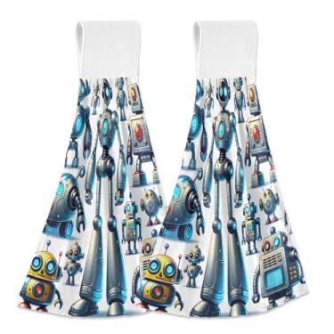 Imagem de Joitme Robôs de desenho animado toalhas de mão penduradas com laço, pacote com 2 panos de prato de cozinha de lã coral, toalhas decorativas de banheiro absorventes macias