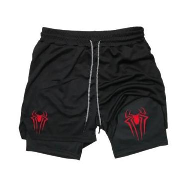 Imagem de Shorts Esportivos Masculinos Com Estampa De Aranha, Compressão 2 Em 1,