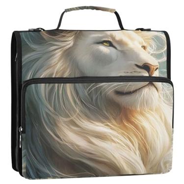 Imagem de Fichários de 3 cm com 3 anéis resistentes e lindos fichários de juba de leão branco com zíper com alça bolsa escolar personalizada portfólio e estojo suporte de pasta de anel