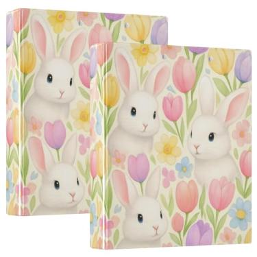 Imagem de Lindos coelhos brancos, tulipas coloridas, 3 polegadas, 3 argolas, 200 folhas, pastas, cadernos, florais, redondo, agenda, fichário, 31,5 x 27 x 6 cm, 1 pacote