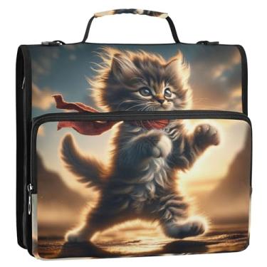 Imagem de Fichários engraçados de gato Kung Fu Kitten com 3 argolas de 3 cm anel D com zíper com alça bolsa escolar portfólio e estojo suporte de pasta de anel