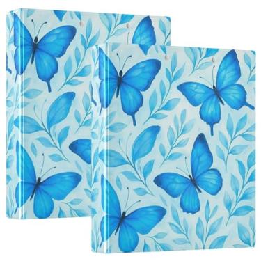 Imagem de Fichários personalizados de borboletas azuis com três anéis de 3 cm, 200 folhas, portfólio, anel redondo, fichário de escritório, 31,5 x 27 x 6 cm, pacote com 2