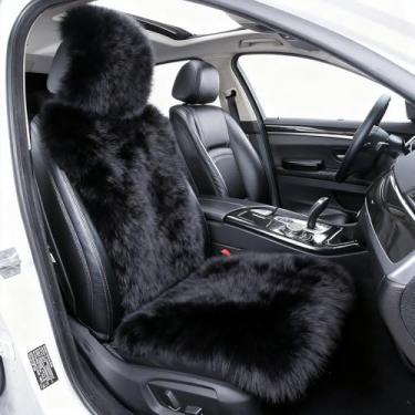 Imagem de Capas de assento de carro de pele de carneiro Ogland, tamanho universal, almofada de assento de carro de lã longa australiana para homens adultos e mulheres, 1 peça de assento (preto)
