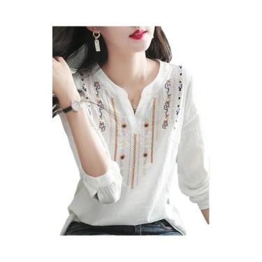 Imagem de Blusa Feminina Branca com Decote V - Bordada, Manga Comprida, Estilo V