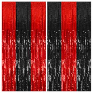Imagem de Pacote com 2 decorações de festa preto e vermelho, cortina de tinsel para festa de Halloween, com franja, decoração de aniversário, cabine de fotos, Natal, Ano Novo, decoração de festa de formatura