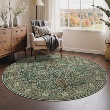 Imagem de Bavni Tapete redondo de 1,5 m lavável à máquina, antiderrapante, para quarto, 12 x 12 cm, tapete floral vintage, para sala de estar, berçário, cozinha, banheiro, verde floresta