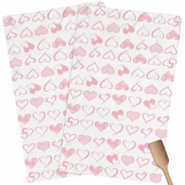 Imagem de Conjunto de 2 toalhas de cozinha, Dia dos Namorados, rosa, corações do amor, toalhas de mão, pano de prato de microfibra absorvente, esboço romântico, coração, lavável, barra de chá, panos de limpeza