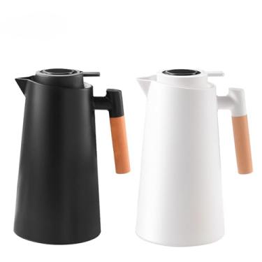 Imagem de Garrafa Térmica de água, 1 Litro Garrafa Térmica Com Termômetro Led Para Chás/Café Design Moderno Cabo Em Madeira(KIT2-Preto+Branco)