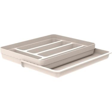 Imagem de Organizador Extensível de Gavetas Porta Talheres Utensílios Cozinha Bandeja com Extensor Grande 5.7 cm x 36 cm x27.6 cm para Cozinha Brasileira, Apartamento ou Kitnet(Bege)