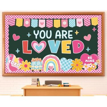 Imagem de Conjunto de decoração de quadro de avisos do Dia dos Namorados Feliz Dia dos Namorados You are Loved Decorações de sala de aula, coração, arco-íris, flores, recortes de papel para escola, casa