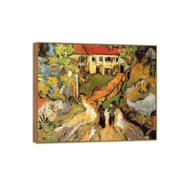 Imagem de BMZFYBS Vincent van Gogh Famosa pintura em tela de arte de parede pronta para pendurar. Rua com figuras. Imagem em moldura de madeira para decoração de sala de estar 90 x 108 cm 35 x 42 pol