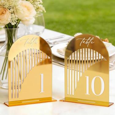 Imagem de Números de mesa de casamento arco 1-10 com suportes, elegante ouro número 14 x 18 cm arco acrílico placas com suporte - videira