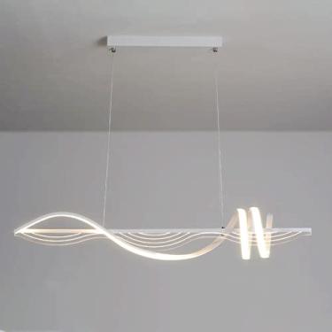 Imagem de Luminária pendente linear branca em espiral de metal com cúpula de acrílico, lustre de 39,4 cm de comprimento para sala de jantar, luminárias de suspensão LED modernas, luminárias ultrafinas
