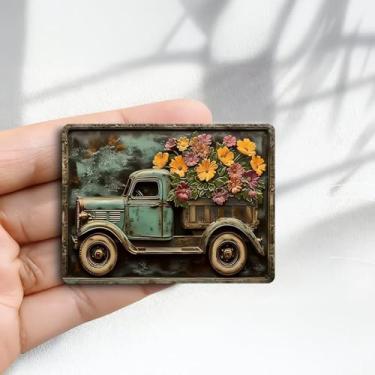 Imagem de Ímã de geladeira vintage design de arte de caminhão floral vintage - (5 x 8 cm) adesivo de geladeira redondo acrílico decoração retrô presente tamanho perfeito para geladeira, armário ou qualquer