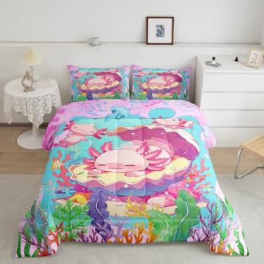 Imagem de Feelyou Conjunto de edredom com estampa de axolote rosa, macio, leve, engraçado, vida marinha, para crianças, meninas, decoração de quarto, solteiro, 1 edredom e 1 travesseiro