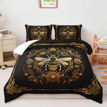 Imagem de AILONEN Conjunto de edredom de abelha boêmio, tamanho Queen, preto e dourado, conjunto de cama luxuoso para crianças, adolescentes, 3 peças, boêmio, girassol, colcha floral com 2 fronhas