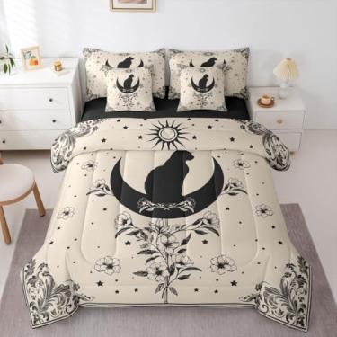 Imagem de Erosebridal Conjunto de edredom vintage de gato preto, solteiro, com lençol boêmio, sol e lua, 7 peças, conjunto de cama misteriosa de gato preto misterioso em uma bolsa, flor boêmia vitoriana, floral