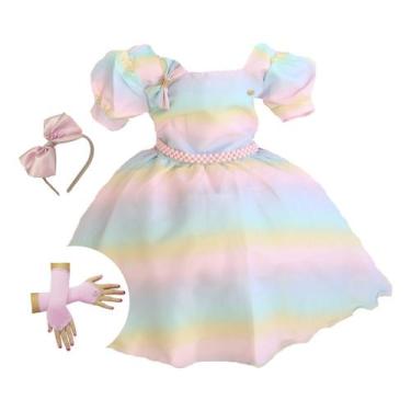 Imagem de Vestido Festa Infantil Colorido Candy Unicórnio Luva E Tiara - Pingo D