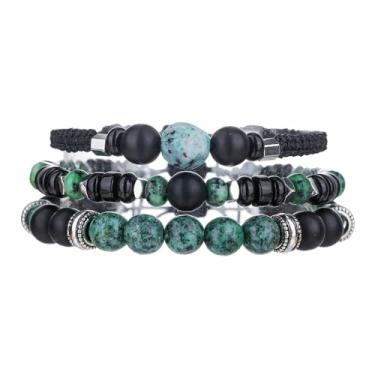 Imagem de Xydedoing Pulseira masculina preta com contas, contas de pedra malaquita de ônix natural de 8 mm, pulseiras religiosas com contas de 3 camadas, pulseira ajustável para uso diário e ocasiões casuais