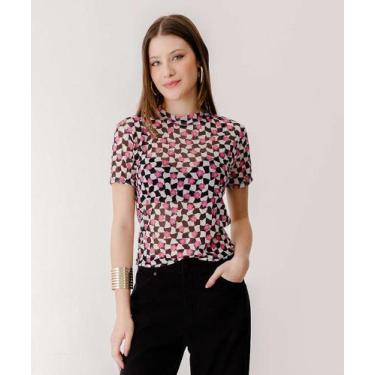 Imagem de Blusa Feminina Tule Xadrez Flores Marisa-38329, Off white, Preto, PP