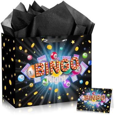 Imagem de JORHANCE Bolsa de presente de noite de bingo com papel de seda e cartão de aniversário, bolsa de bingo grande para festas, suprimentos de bingo, decorações de aniversário de bingo, decorações de noite