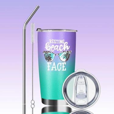 Imagem de Copos isolados de 590 ml com tampa e canudo | Descansando rosto de praia parede dupla de aço inoxidável a vácuo café caneca engraçada legal | Uso de bebidas quentes e geladas (menta + roxo)