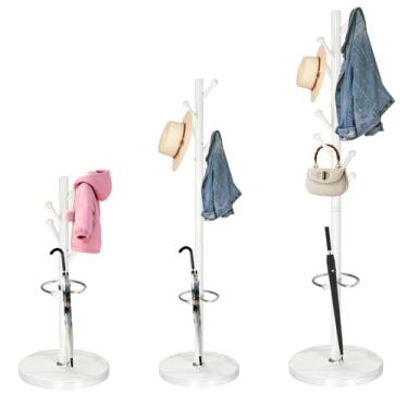 Imagem de ZOZOE Suporte de metal, cabideiro moderno independente com base de mármore natural, cabides industriais resistentes com 8 ganchos e suporte de guarda-chuva, suporte de cabide de árvore branco para