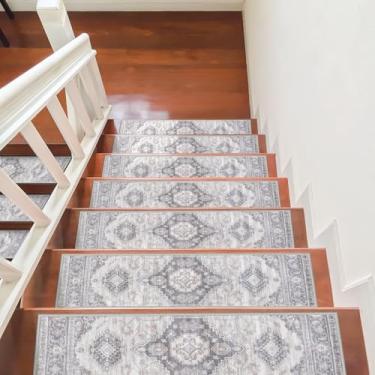 Imagem de Passos de escada antiderrapantes cinza bege para degraus de madeira 76.2 cm x 20.3 cm tapete de borracha com suporte de borracha tapetes de escada degraus de escada tapetes de escada tapetes para