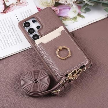 Imagem de Capa carteira para celular com alça transversal, compartimentos para cartões, suporte integrado e argola para Samsung Galaxy S25 Edge, S24 FE, S23 Ultra e S22 Plus, na cor roxa escura.