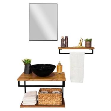 Imagem de Conjunto Bancada Suspensa Para Banheiro Lavabo Com Prateleira Cuba Redonda Preta e Espelho