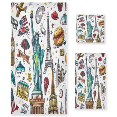 Imagem de xigua Cartoon USA Landmarks Conjunto de toalhas de banheiro absorvente macio 3 peças toalha de banho toalha de mão toalhas decorativas para banheiro, academia, hotel, praia, piscina