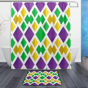 Imagem de xigua Conjunto de tapetes de cortina de banho carnaval 2 peças, conjunto de tema de banheiro (152 x 182 cm) com cortina de chuveiro e tapete antiderrapante -12 ganchos3