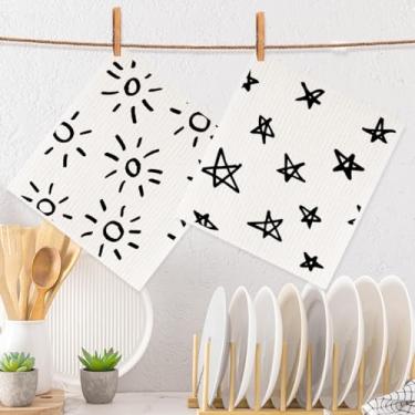 Imagem de 2 peças de panos de prato suecos estampados preto e branco estrela sol para cozinha, toalhas de cozinha de papel reutilizáveis super absorventes para casa de banho, panos de prato seguros para