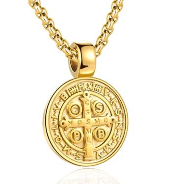 Imagem de AZFVBQL Colar masculino com pingente de medalha de exorcismo de São Bento, aço inoxidável, cruz romana católica, proteção de demônios, caçador de fantasmas, joia religiosa, 31MM, Aço inoxidável, Sem