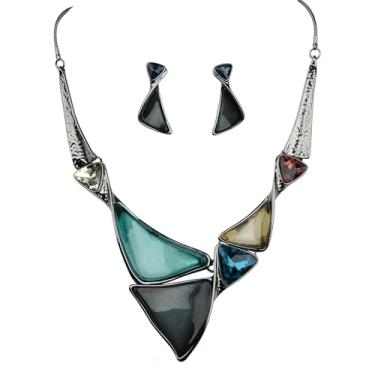 Imagem de ViVDuo Conjunto de joias femininas geométricas de liga esmaltada, triângulo, quadrado, losango, colar, brincos, joias para mulheres noivas, Extra Large, Metal, Zircônia cúbica