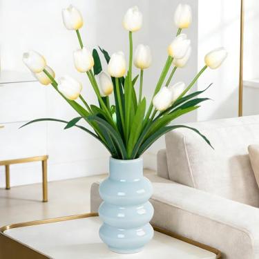 Imagem de Homsunny Flores artificiais de tulipa grande amarelo claro de 45 cm, pacote com 15 peças. Perfeito para casamentos na primavera, dia dos namorados, Páscoa, dia das mães e arranjos elegantes de casa e