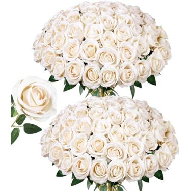 Imagem de 50 peças de flores artificiais de rosas de champanhe, rosas falsas com caule, rosa de seda realista para buquês de casamento, mesa de centro de mesa, arranjos de chá de bebê, aniversário, decoração de